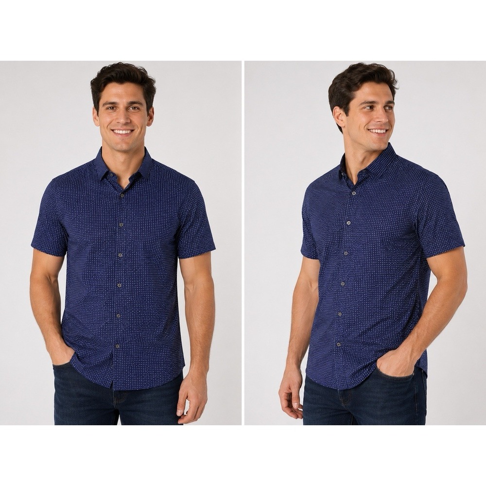 Michael Kors Mens M Classic Fit Navy Blue Dot Print Button Up Short Sleeve Shirt